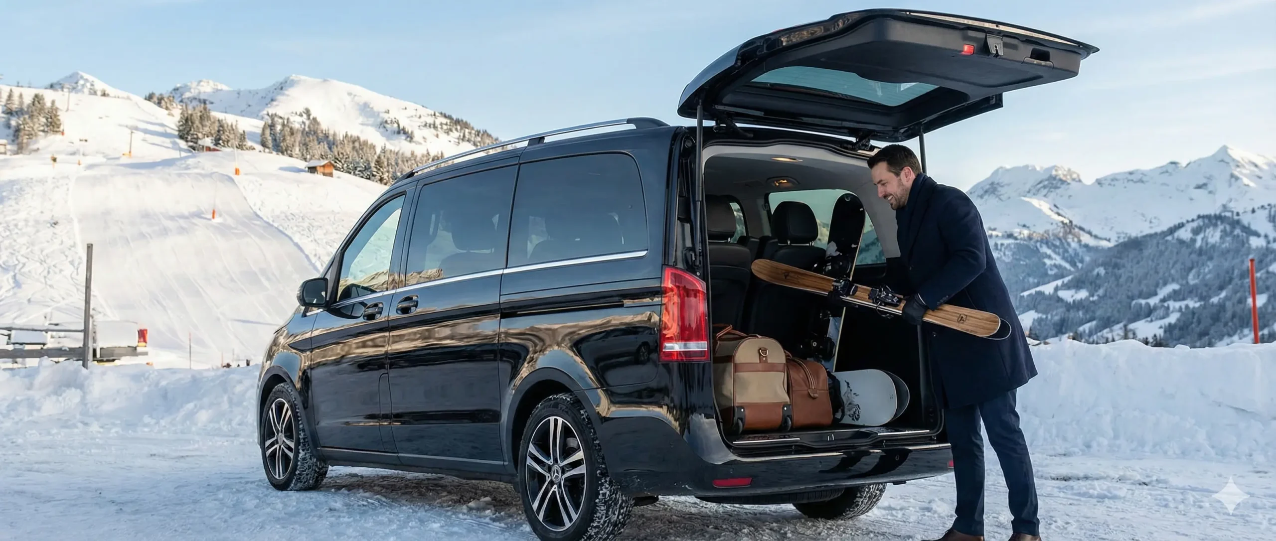 Chauffeur chargeant des skis dans un taxi van Mercedes Classe V à Megève pour transfert aéroport Lyon