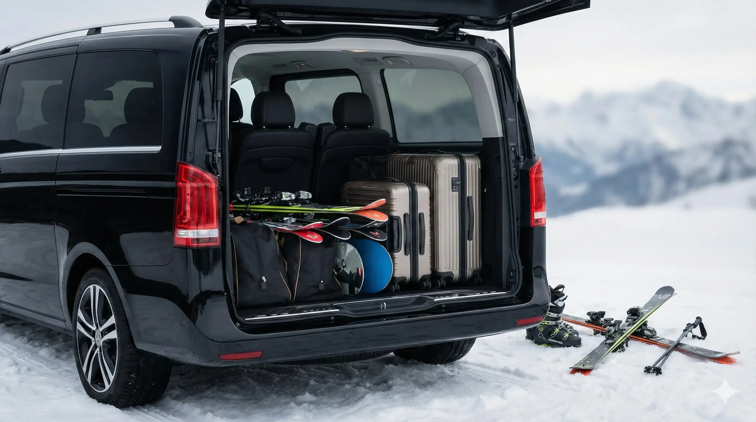 Coffre d'un Mercedes Classe V noir rempli de bagages, skis et snowboards, prêt pour un transfert station ski Les Menuires