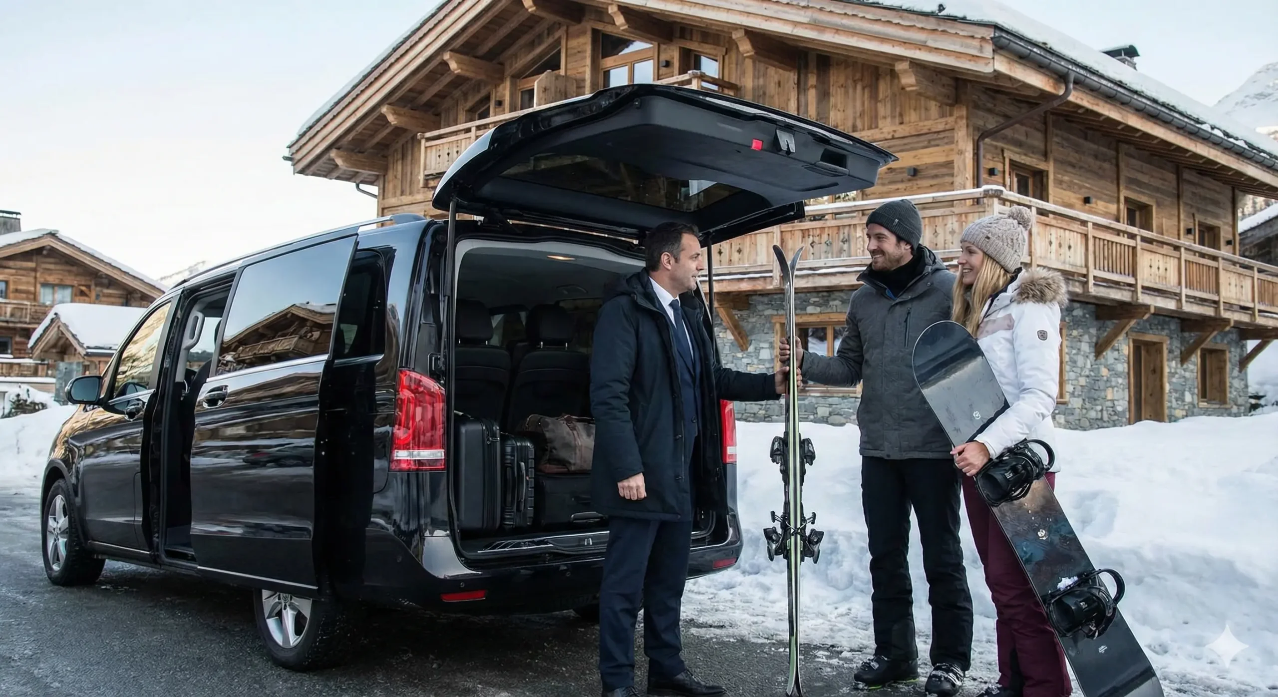 Un chauffeur aide un couple à décharger skis et snowboard d'un van Mercedes Classe V noir, coffre ouvert, devant un grand chalet en bois dans une station de ski enneigée