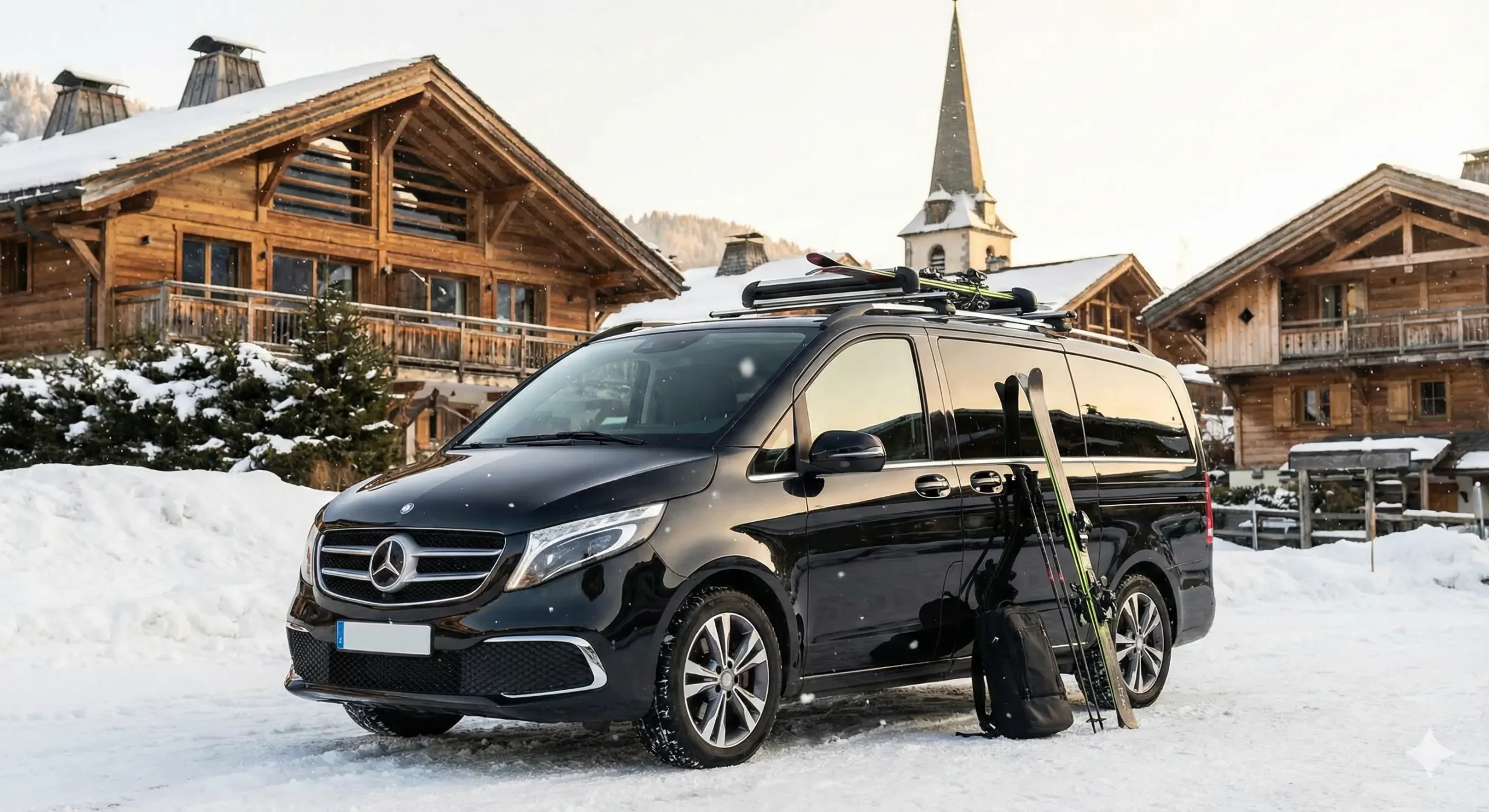 Un van de luxe Mercedes-Benz Classe V noir, équipé de skis sur le toit et appuyés sur le côté, est stationné dans un village alpin enneigé entouré de chalets en bois traditionnels et d'une église.