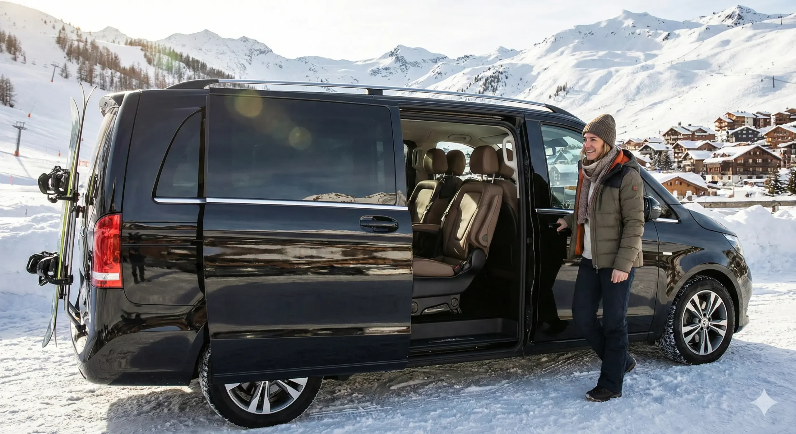 Van Mercedes Classe V noir en station de ski. Femme souriante avec bonnet et doudoune monte à bord par la porte latérale ouverte, skis sur le côté