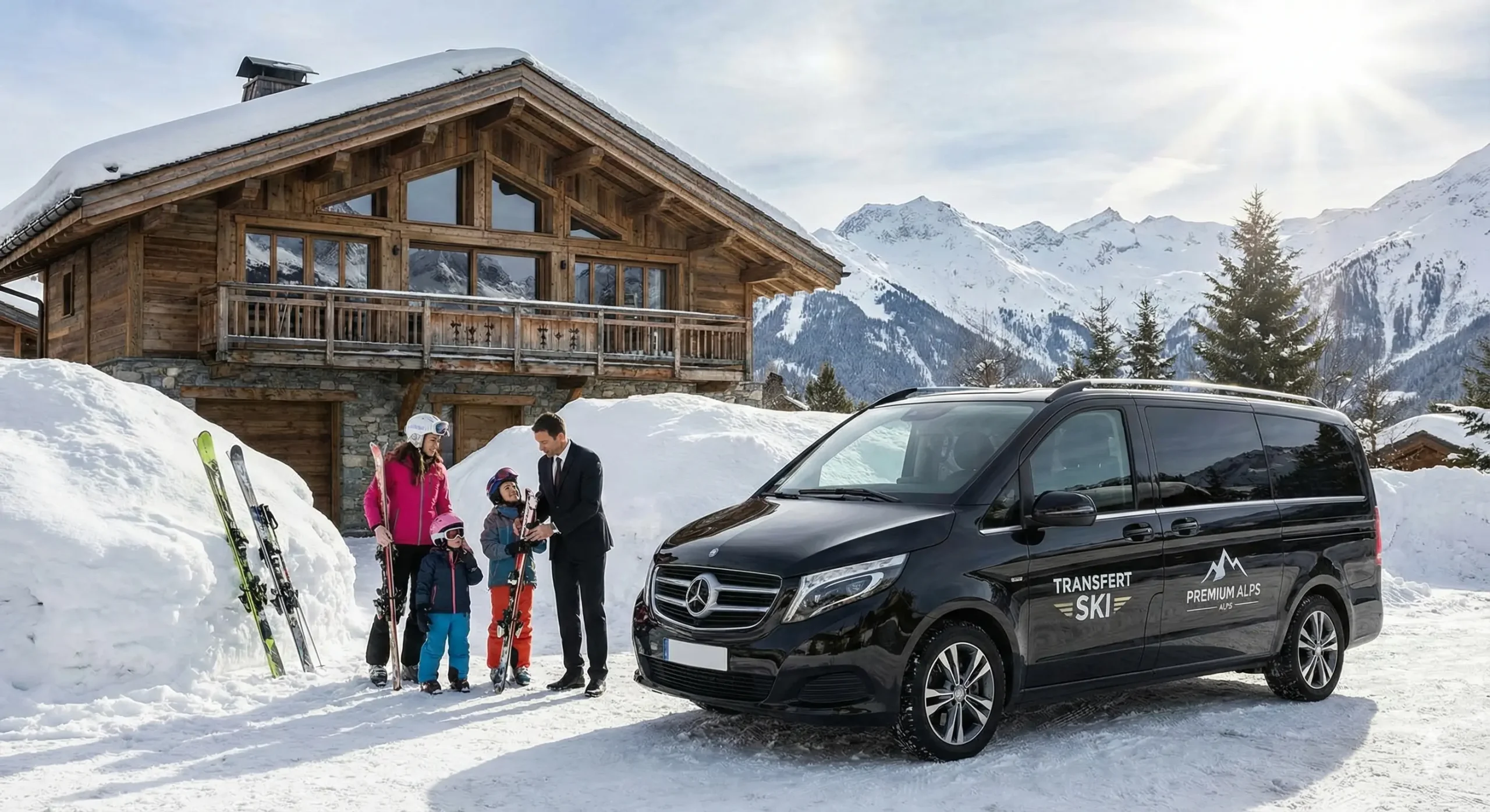 Van Mercedes noir Classe V pour transfert de ski. Chauffeur aide une famille devant un chalet dans les Alpes enneigées