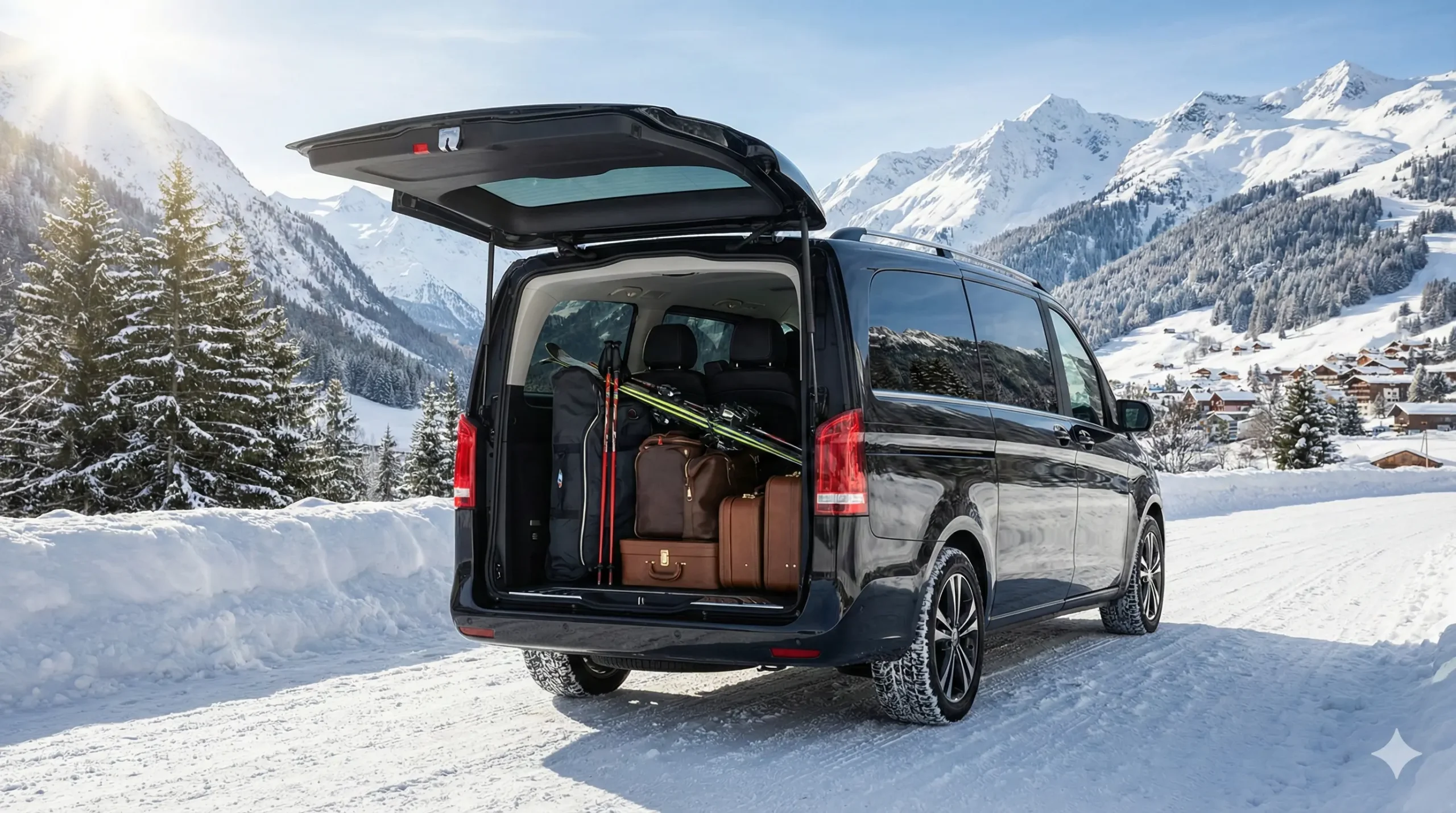 Mercedes V-Class taxi van transfer from Lyon Airport to Chamonix Mont-Blanc (image générée par Gemini)